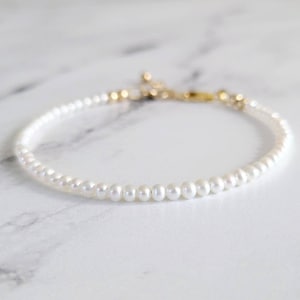 White Freshwater Seed Pearl Bracelet, Gold Filled Clasp, Sterling Silver, Stacking Bracelet, Dainty Jewelry, High Luster Pearls, 14K