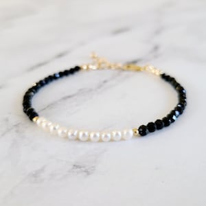 Black Spinel and Freshwater Pearl Bracelet, Gold Filled Clasp, Sterling Silver, Stacking Bracelet, Dainty Jewelry