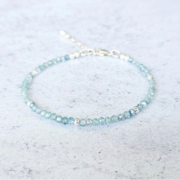 Cambodian Blue Zircon Bracelet, Gold Filled Clasp, Sterling Silver, Dainty Jewelry, Stacking Bracelet, Gift for Her, December Birthstone