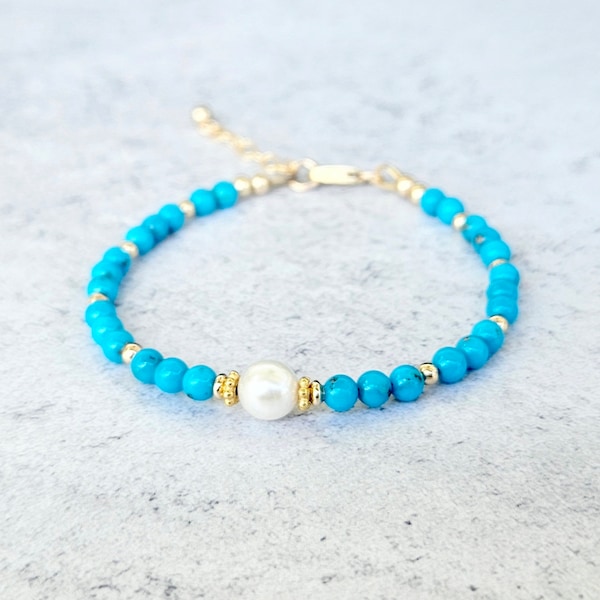 Sleeping Beauty Turquoise and Akoya Pearl Bracelet, Gold Filled Clasp, Sterling Silver, Stacking Bracelet, Dainty Jewelry, Gift for Her