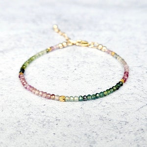 Watermelon Tourmaline Bracelet, Gold Filled Clasp, Multicolor Rainbow Tourmaline, Dainty Jewelry, Stacking Bracelet, Gift for Her