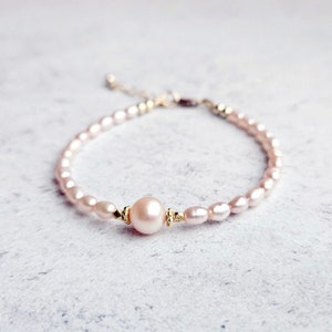 Pink Freshwater Pearl Bracelet, Gold Filled Vermeil Beads, Dainty Stacking Jewelry