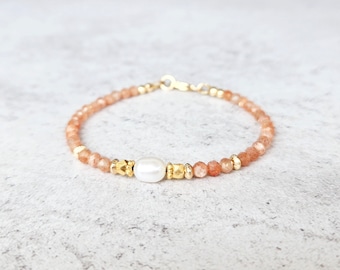 Orange Gold Sunstone And Freshwater Pearl Bracelet, Gold Filled, Stacking Bracelet, Dainty Jewelry, Gift for her