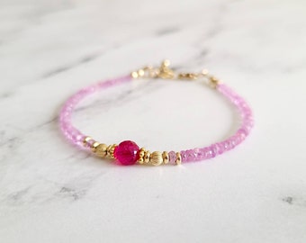 Light Dusty Pink Sapphire and Ruby Bracelet, Gold Filled Clasp, Sterling Silver, Dainty Jewelry, Stacking Bracelet