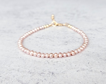 Pink Freshwater Seed Pearl Bracelet, High Luster Pearl, Gold Filled Clasp, Sterling Silver, Stacking Bracelet, Dainty Jewelry, Gift for her