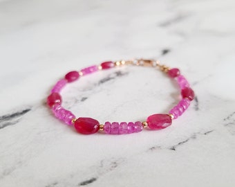 Mixed Pink Sapphire and Ruby Bracelet, Rose Gold Filled Clasp, Natural Gemstone Jewelry, Stacking Bracelet