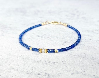 Solid Gold Cornflower Blue Sapphire And Diamond Bracelet, 14K Gold Clasp, Dainty Jewelry, Stacking Bracelet, Gift for Her