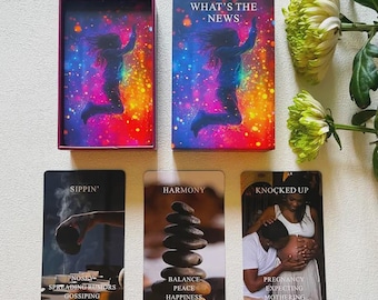 May include: A tarot card deck with a box and three cards visible. The box and the top card read "WHAT'S THE NEWS" with a silhouette of a person jumping. The cards read "SIPPIN'", "HARMONY", and "KNOCKED UP".