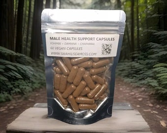 May include: A silver resealable pouch containing brown capsules labeled "Male Health Support Capsules" with the ingredients "Yohimbe + Damiana + Chaparral" and "60 Vegan Capsules" and the website "www.swahiliseamoss.com".