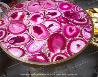 Rosa agat soffbordsskiva: Runt ädelstensbord, heminredning