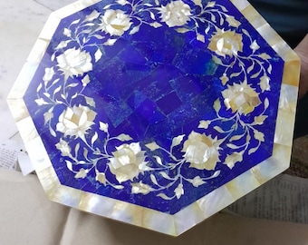 Lapis Lazuli Tabletop: Mother of Pearl Inlay, Handmade Floral Art