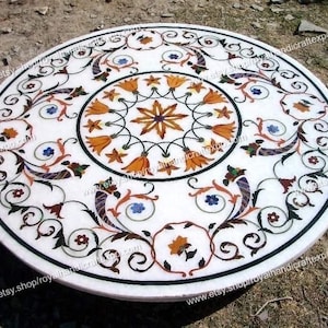 White Marble Dining Table Top Semi Precious Stone Inlay Work Handmade Pietra Dura Art Decorative Home Furniture