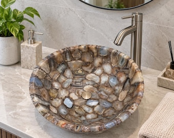 Handmade Brown Agate Stone Vessel Sink, Natural Gemstone Bathroom Basin
