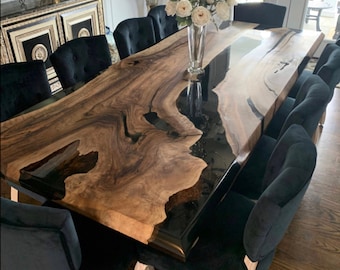 Epoxyhars walnoot eettafel: aanrecht met live edge