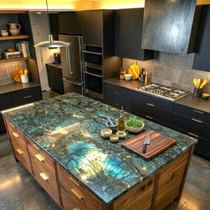 May include: A contemporary kitchen with dark cabinets, stainless steel appliances, and a large island. The island has a wooden base with drawers and a striking blue and green countertop. A wooden chopping board and bowls are on the island.