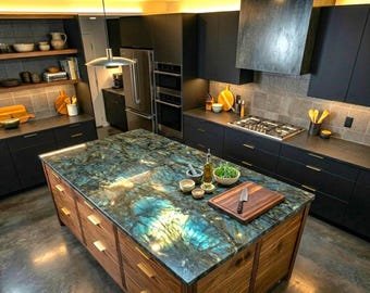Plateau de table personnalisable en pierres précieuses de labradorite, plan de travail en pierre naturelle, revêtement de sol en panneaux muraux