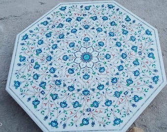 Handmade Marble Coffee Tabletop: Pietra Dura Floral Inlay, Mid-Century Modern