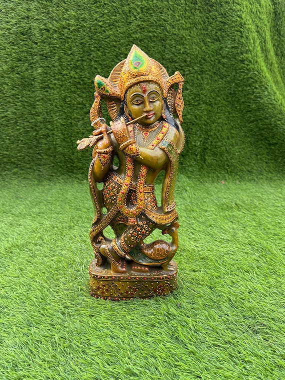 グリーンジェイドのクリシュナ像：手作りのヒンドゥー教の神、寺院の