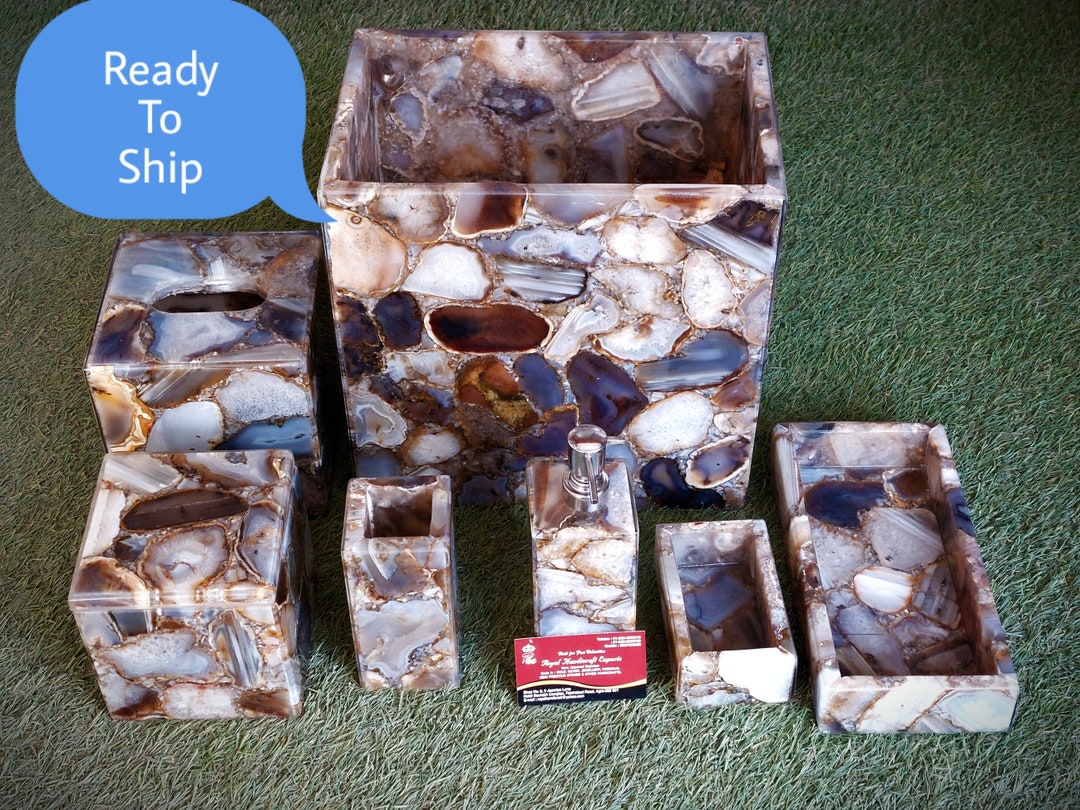 Bathroom Set in Botswana Brown Agate / Set of Seven Pieces for Bathroom