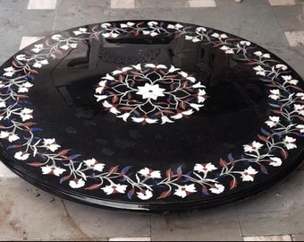 Tablero de mesa de centro de mármol negro: incrustaciones de nácar, Pietra Dura Art