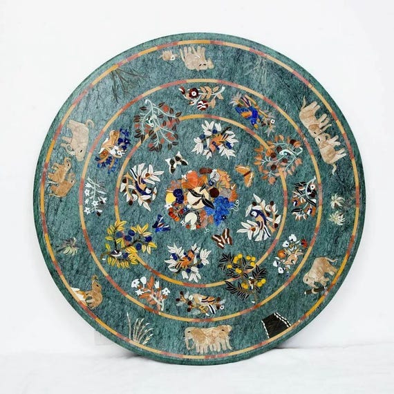 Handmade Marble Inlay Table Top: Floral & Animal Design