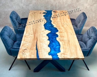 Blue Epoxy River Dining Table Top: Natural Wood, Custom Resin Table