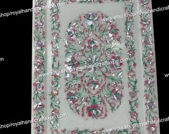 Marble Serving Tray Pietra Dura Art Rectangle Serving Tray with Royal Look Mother of Pearl (Size: 12 x 9 Inches)