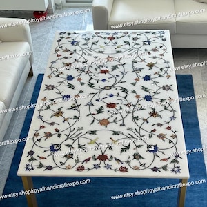 Marble Centre Table Top Handcrafted Dining Table Inlay with Multi Color Floral Design Work