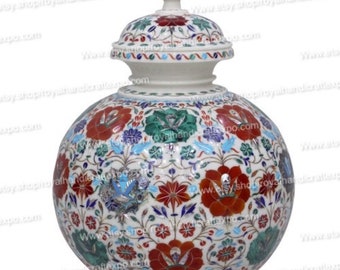 インド大理石　壺 手作り大理石製花瓶：インドの象嵌宝石デザイン、高さ20インチ