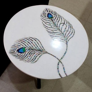 Round White Marble Coffee Table, Console Bar Table, Semi Precious Inlay Stone, Handmade Furniture, Modern Arts Table Farmhouse Decors