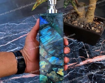 Labradorite Stone Soap Dispenser, 5&quot;x3&quot;, With Refil Pump, Shampoo Dispenser Deco