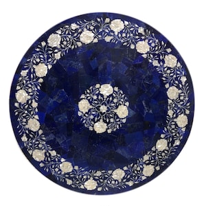 Blue Lapis Lazuli Coffee Tabletop: Floral Inlay Marquetry Art