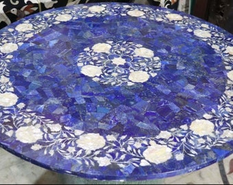 Mesa de centro de piedras preciosas de lapislázuli azul de 36 pulgadas, incrustaciones de nácar, artes de marquetería, muebles florales hechos a mano, decoración de escritorio de mostrador redondo