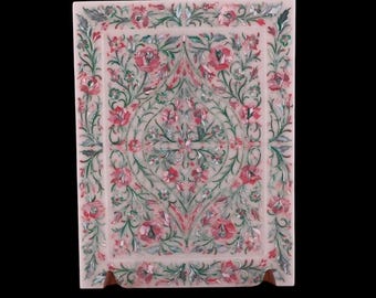 Marble Serving Tray Pietra Dura Art Rectangle Serving Tray with Royal Look Mother of Pearl (Size: 12 x 9 Inches)