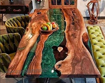 Handmade Acacia Wood River Table Top: Green Epoxy Resin