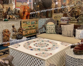 Handmade Marble Inlay Coffee Tabletop: Semiprecious Stone Art