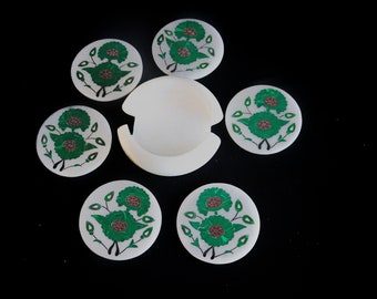 Posavasos de mármol blanco con incrustaciones florales, hechos en India (juego de 6)