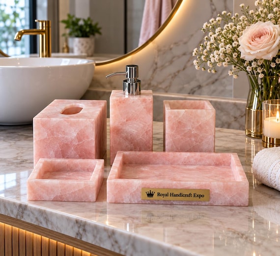 Handgefertigter Seifenspender und Badezimmeraccessoires-Set aus rosa Rosenquarz, luxuriöse Steindekoration für den Waschtisch