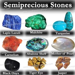 K&ouml;nnte beinhalten: Ein Diagramm, das zehn verschiedene Arten von Halbedelsteinen zeigt. Die Steine sind in einem Raster von drei Reihen und drei Spalten angeordnet. Die Steine sind mit ihren Namen beschriftet: Lapislazuli, Malachit, T&uuml;rkis, Karneol, Abalone, Perlmutt, Schwarzer Onyx, Tigerauge und Jaspis.