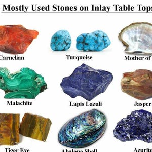 Pode incluir: Uma colagem de nove tipos diferentes de pedras usadas em tampos de mesa de marchetaria. As pedras s&atilde;o: cornalina, turquesa, madrep&eacute;rola, malaquita, l&aacute;pis-laz&uacute;li, jaspe, olho de tigre, concha de abalone e azurita.