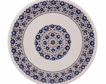 Round Marble Coffee Tabletop Semi Precious Stone Inlay Handmade Work