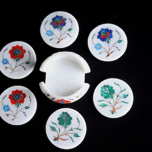 Ready To Ship Marble Coasters Set Of 6 With Holder Handmade Pietra Dura Inlay Art Unique Home Decor Gifts
