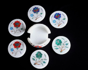 Juego de posavasos de mármol hechos a mano: Arte con incrustaciones florales de Pietra Dura