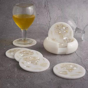 Mother of Pearl Inlay Coasters Set of 6 Natural White Marble Drink Coaster