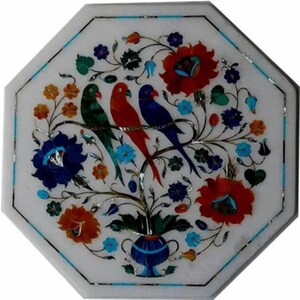 Marble End Tabletop Lapis Inlay Semi Precious stones Pietra dura Handmade Home Room Decor