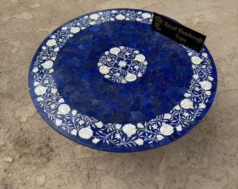 36" Lapis Lazuli Coffee Table: Mother of Pearl Inlay, Handmade Floral Decor
