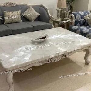 Selenite Stone Tabletop / Luxury Gemstone Furniture / Handmade Mosaic Coffee Tabletop for Bar and Restaurant / Sun Burst Pattern Table