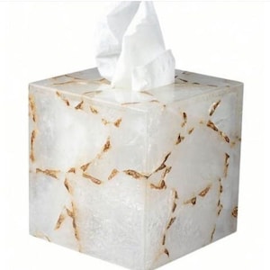 Caja de pañuelos de cuarzo blanco / Caja de cuarzo / Caja de servilletas de baño de cuarzo con lámina de oro Decoración del hogar hecha a mano