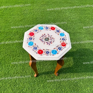Marble Inlay Coffee End Table Top, Handmade Semiprecious Stone Inlaid Side Table, Marble Furniture, Living Room Table Top