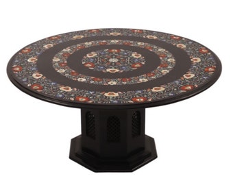 Black Marble Round Dining Center Tabletop Handmade Inlay Art Semi precious stones inlay work